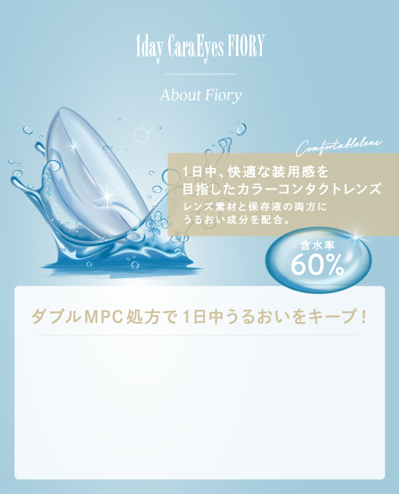 1dayCaraEyes FIORY About Fiory 1日中、快適な装用感を目指したカラーコンタクトレンズ レンズ素材と保存液の両方にうるおい成分を配合。